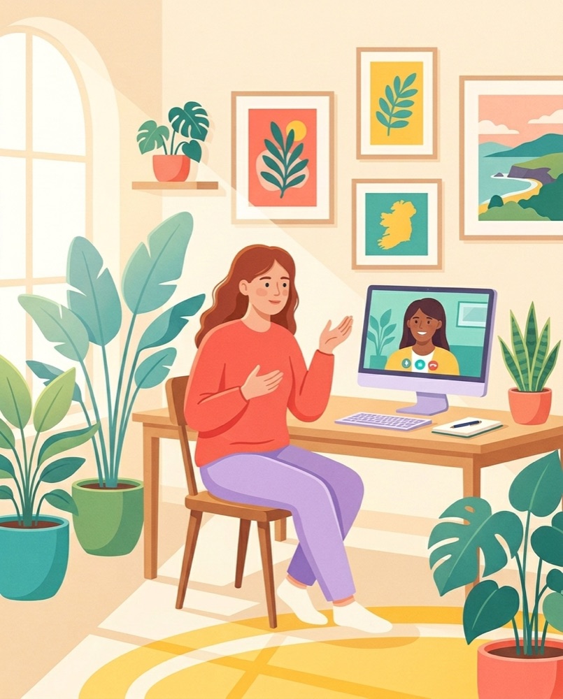 Illustration of a woman at her desk at home during a video therapy session